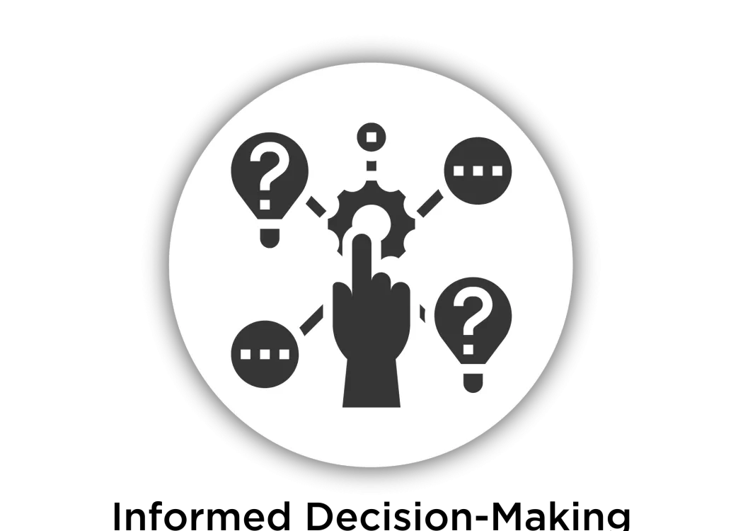 Illustration of a hand and finger pointing to a gear and question marks with words Informed Decision-Making